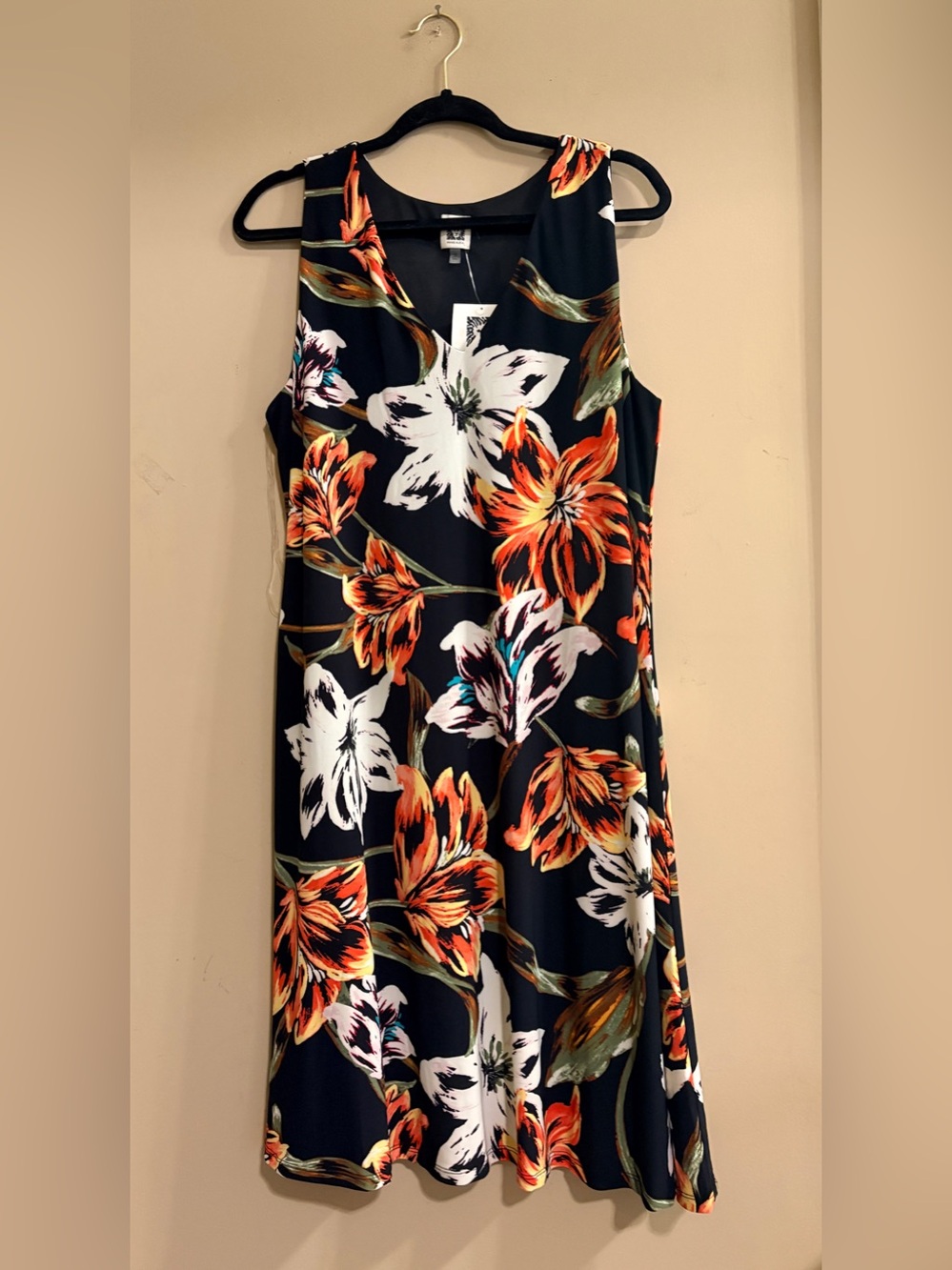 Anne Klein Sleeveless Black Floral A-Line Dress with Orange & White Blooms sz 12